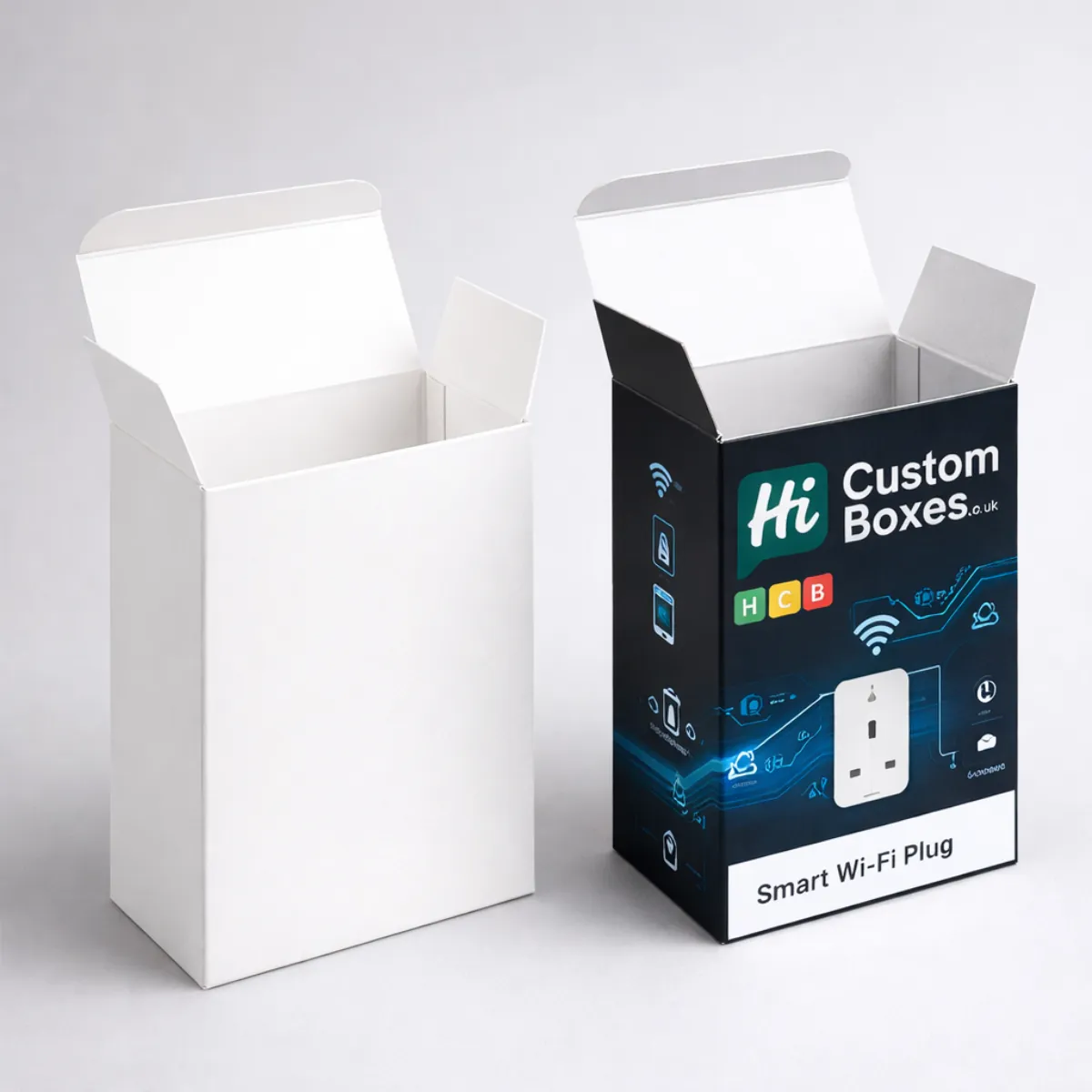 Two tall rectangular tuck-end boxes, one plain white and one with black branded smart plug graphics. class=